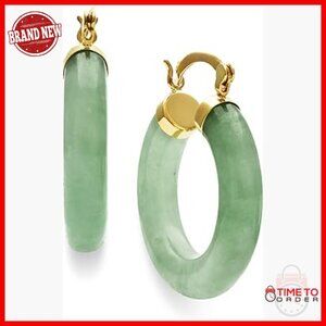 10K Yellow Gold Jade Hoop Earrings, 1 Inch Diameter, Hinge Post Closure